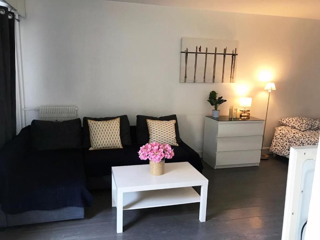 Studio à louer à Paris (75001) : canapé noir avec coussins et table basse blanche