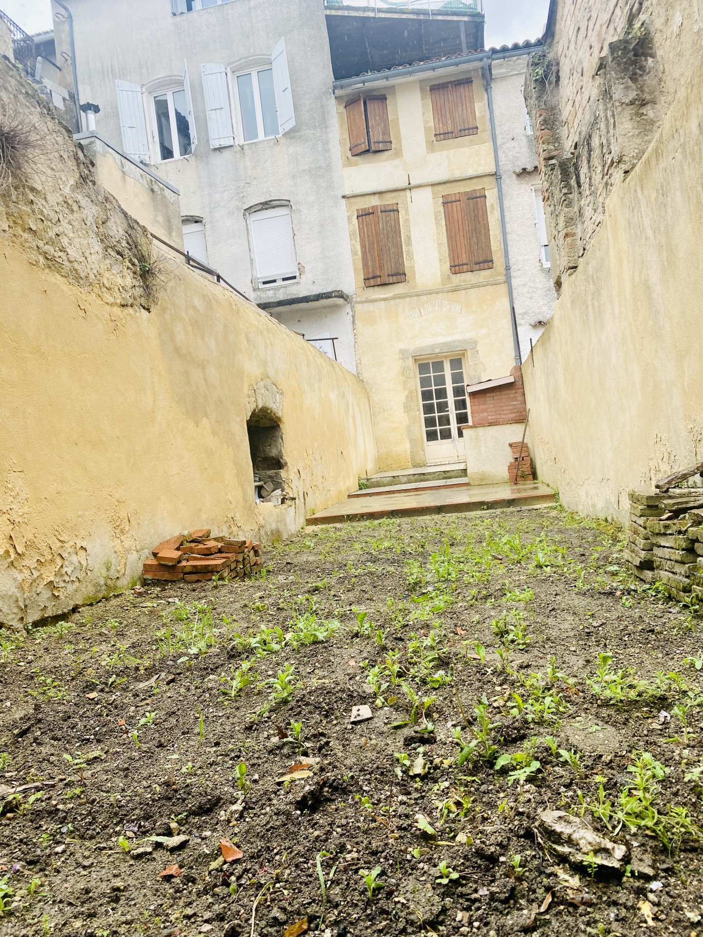 Immeuble à vendre à Castelnaudary : cour intérieure avec terre et quelques plantes vertes