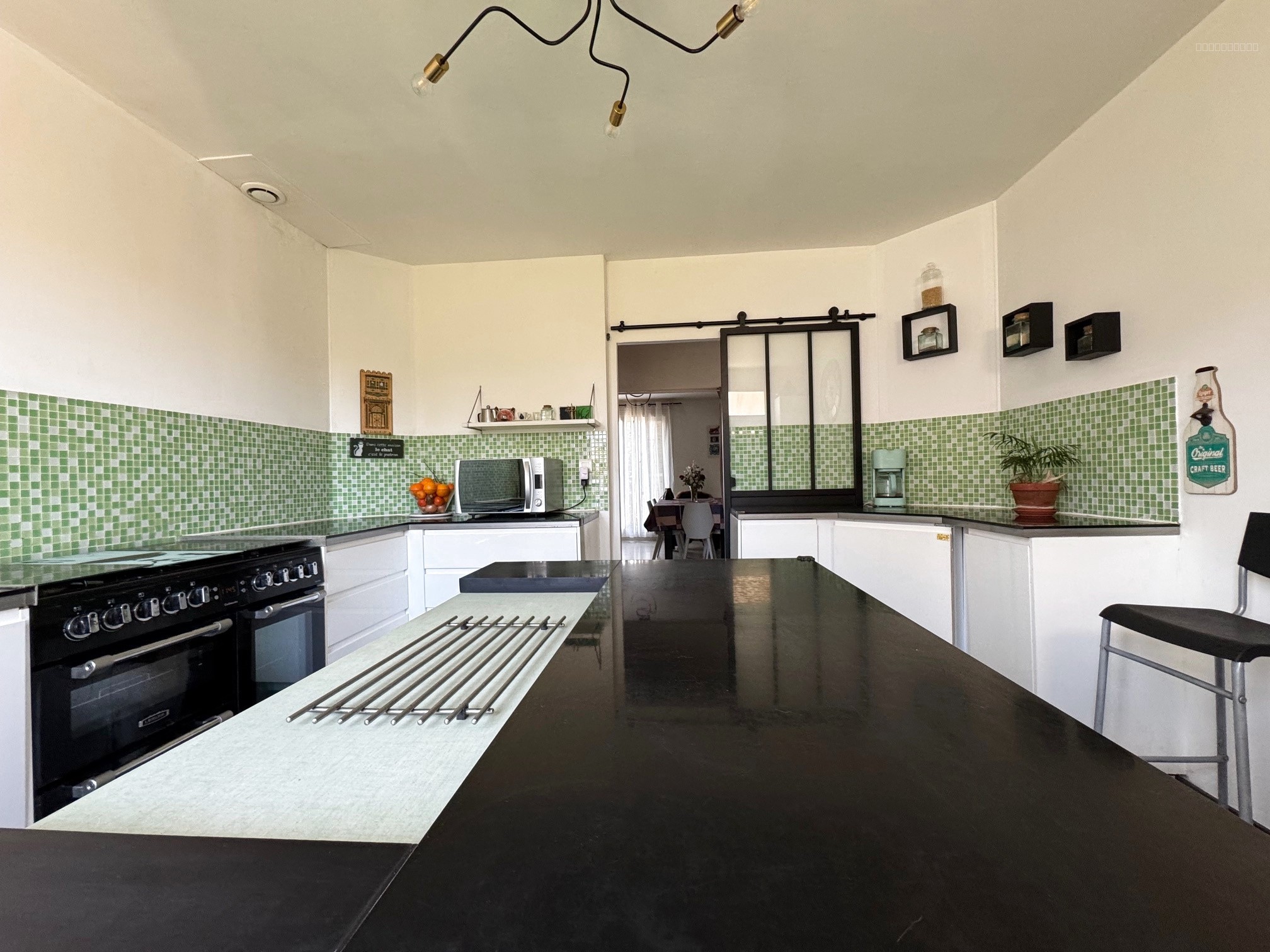 Maison à vendre à Plailly : cuisine avec plan de travail noir et crédence verte