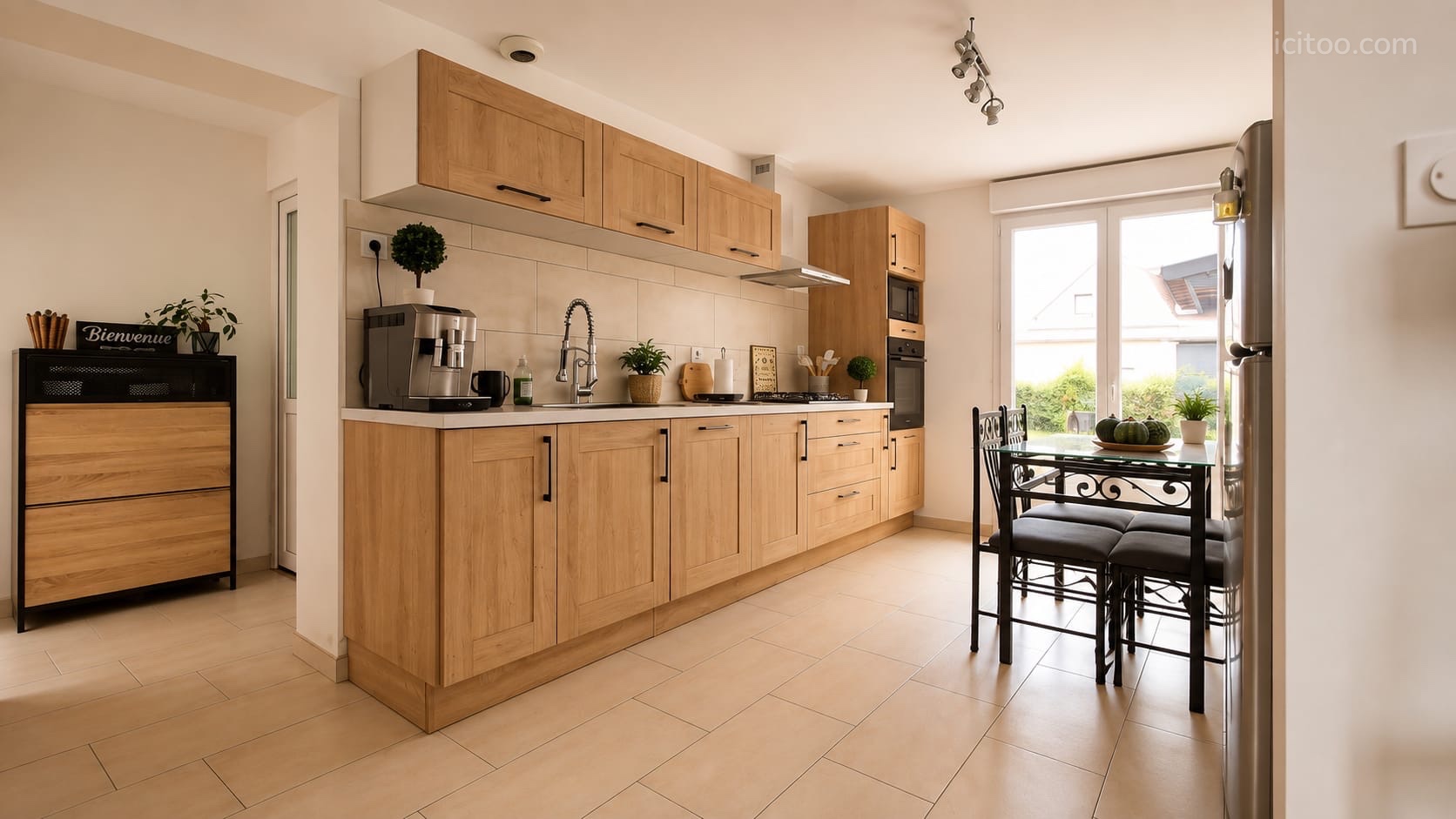 Maison à vendre à La Noë-Blanche : cuisine avec meubles en bois clair et plan de travail blanc