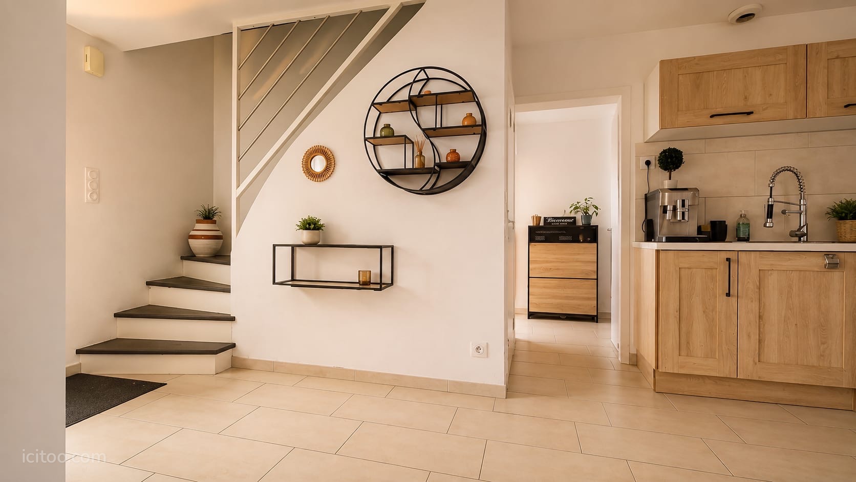 Maison à vendre à La Noë-Blanche : escalier avec rampe design et étagère murale noire