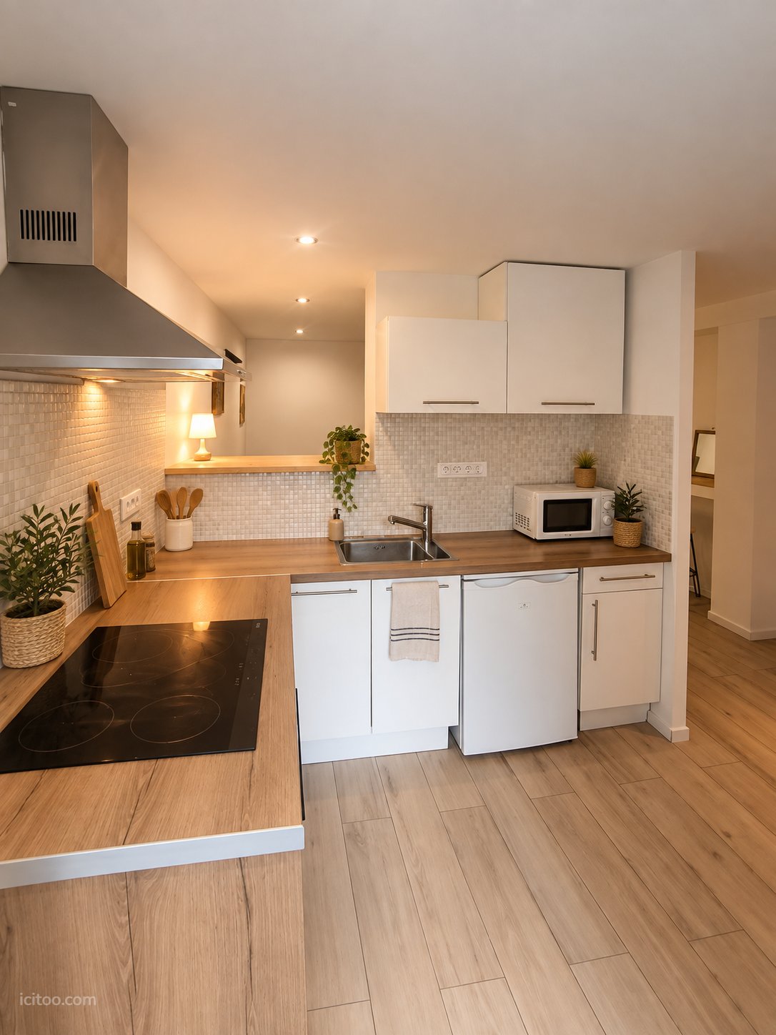 Appartement à vendre à Onnion : cuisine équipée avec plaque vitrocéramique, hotte, micro-ondes et meubles blancs