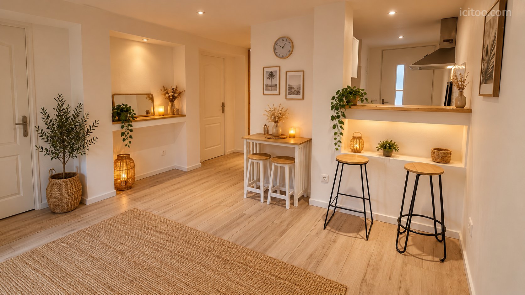 Appartement à vendre à Onnion : espace salon avec tapis, table haute et tabourets, décoration murale