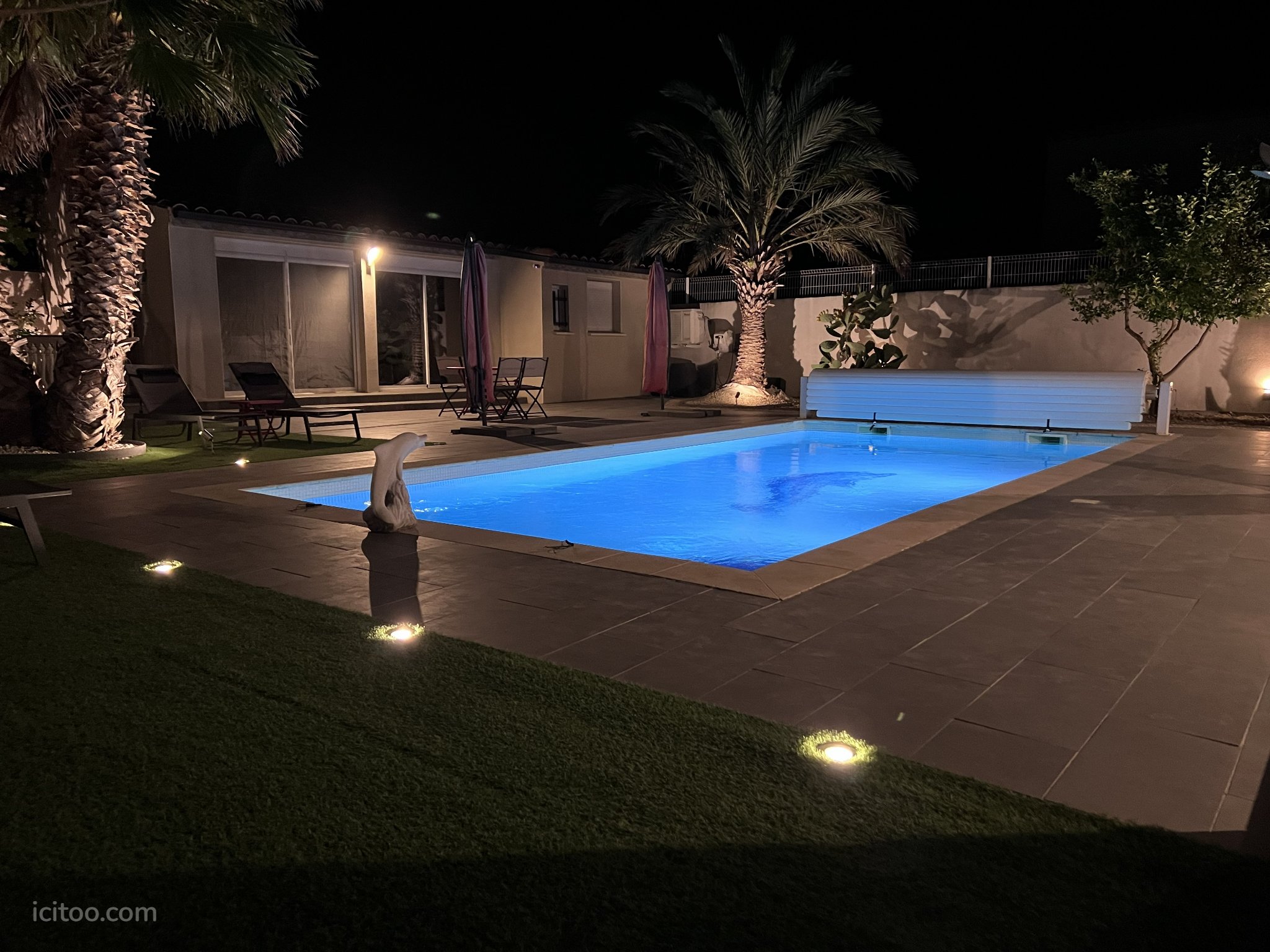 Villa à vendre à Montady : piscine illuminée entourée d'une terrasse et de palmiers