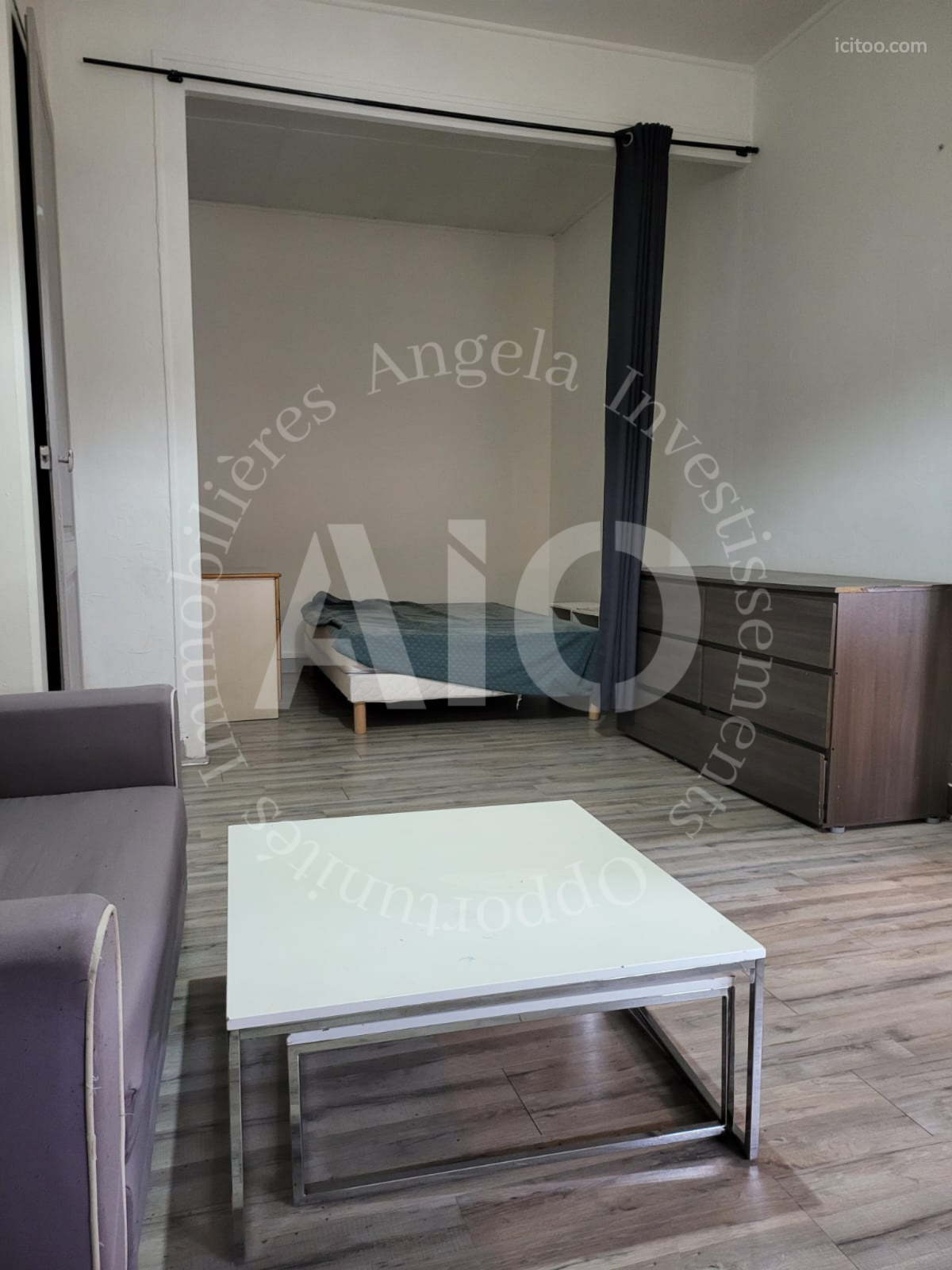 Appartement 2 pièces à vendre à Caluire-et-Cuire (69300) : chambre avec lit, commode en bois et canapé gris