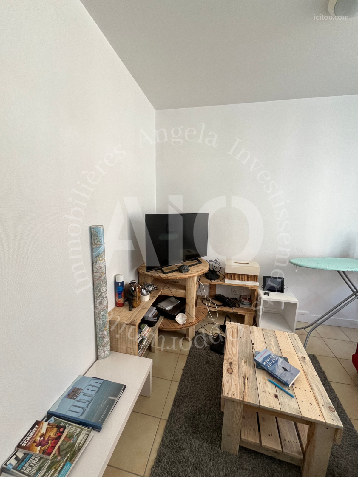 Appartement à vendre à Vindry-sur-Turdine : salon montrant la télévision sur meuble bois et table basse