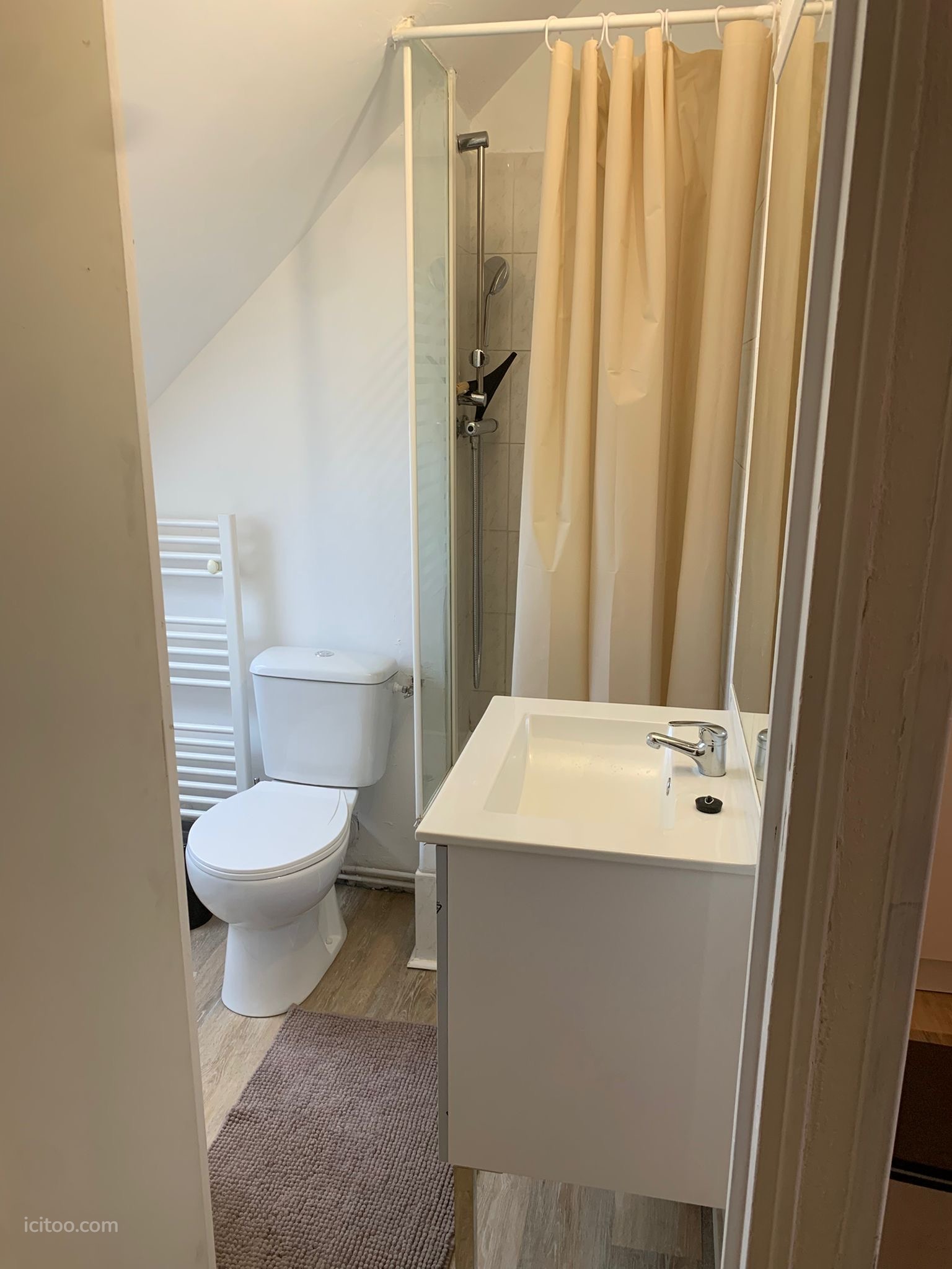 Appartement à louer à Vierzon : salle d'eau avec douche, lavabo blanc et toilettes