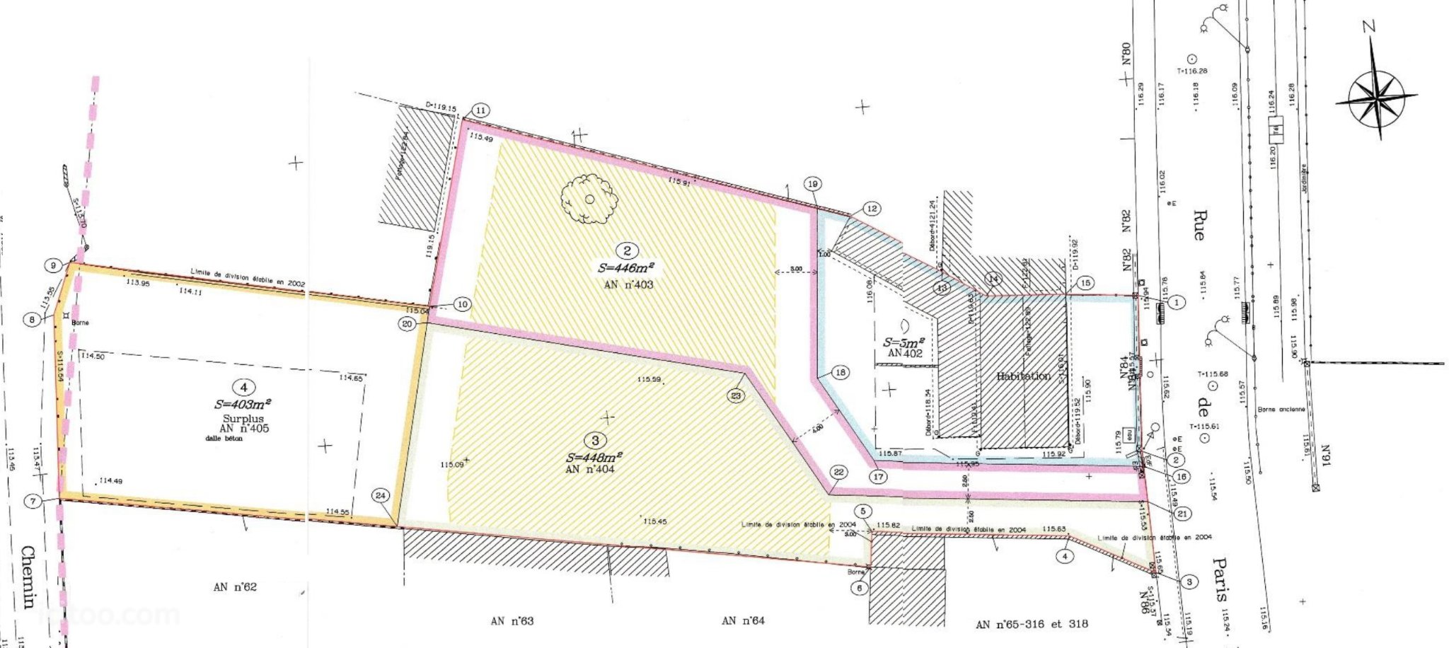 Terrain à vendre à Neuilly-en-Thelle : plan cadastral avec parcelles numérotées, limites, et indications diverses
