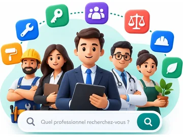 Trouver un professionnel près de chez soi, artisan, agence immobilière, notaire ou entreprise de travaux — illustration de professionnels réunis autour d'une barre de recherche