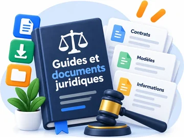 Guides immobiliers et documents juridiques gratuits, contrats et modèles à télécharger — illustration d'un ouvrage juridique, d'un marteau de justice et de fiches contrats et modèles