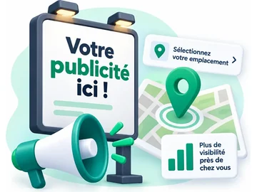 Réserver un espace publicitaire ciblé par ville et par code postal — illustration d'un panneau publicitaire, d'un mégaphone et d'une carte de ciblage